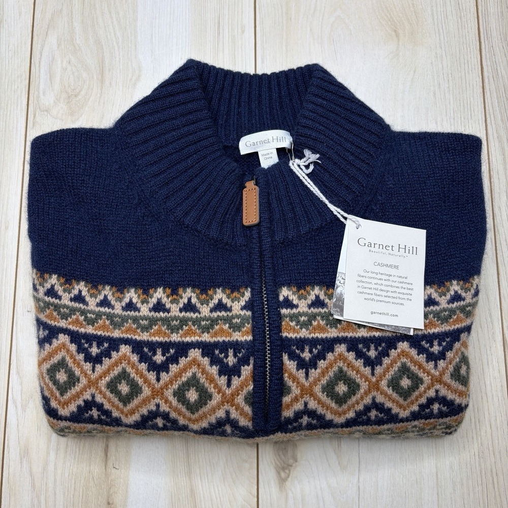 NEW GARNET HILL Mens XL Thick Cashmere Fair Isle 1/4 Zip Knit Sweater Navy Blue